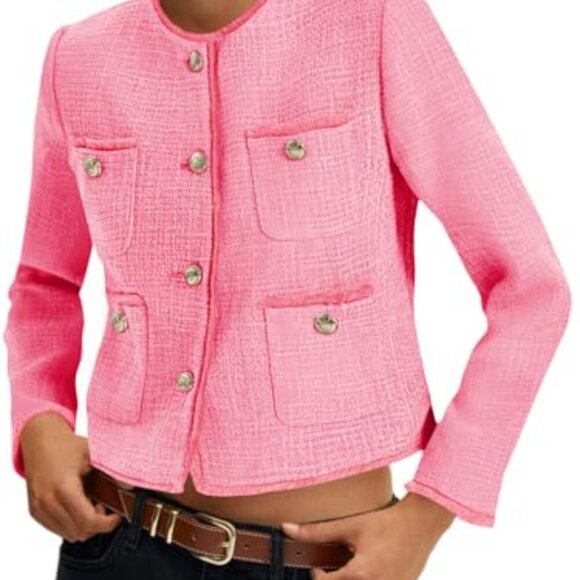 Tweed Cropped Blazer Collarless Button Down Vintage Chic Work Office - Picture 2 of 8